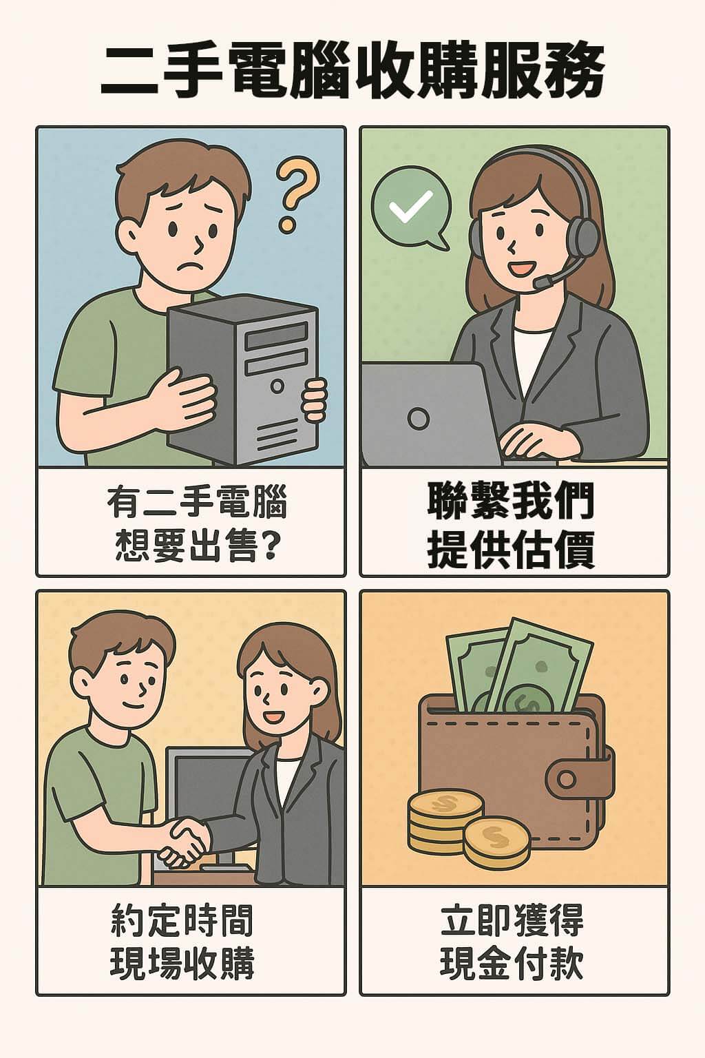 二手電腦收購四格漫畫，描述從聯繫估價到現場收購、現金付款的流程