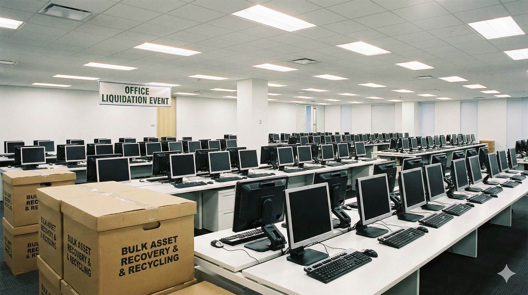 整齊排列的辦公室電腦顯示器與主機準備進行批量回收 / Rows of office computer monitors and towers ready for bulk recycling