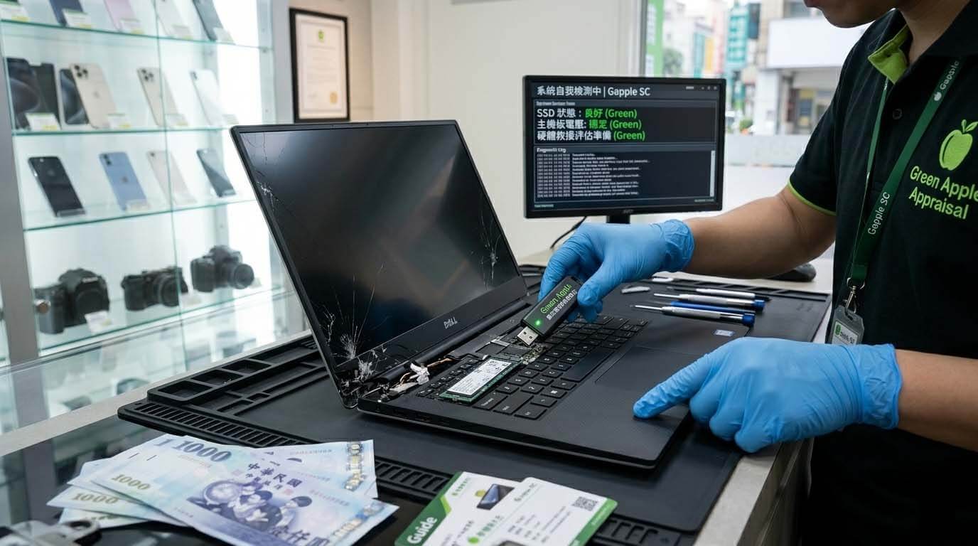 專業職人於實體門市檢測轉軸斷裂與螢幕破裂的二手故障筆電，精準評估內部完好零件的殘值